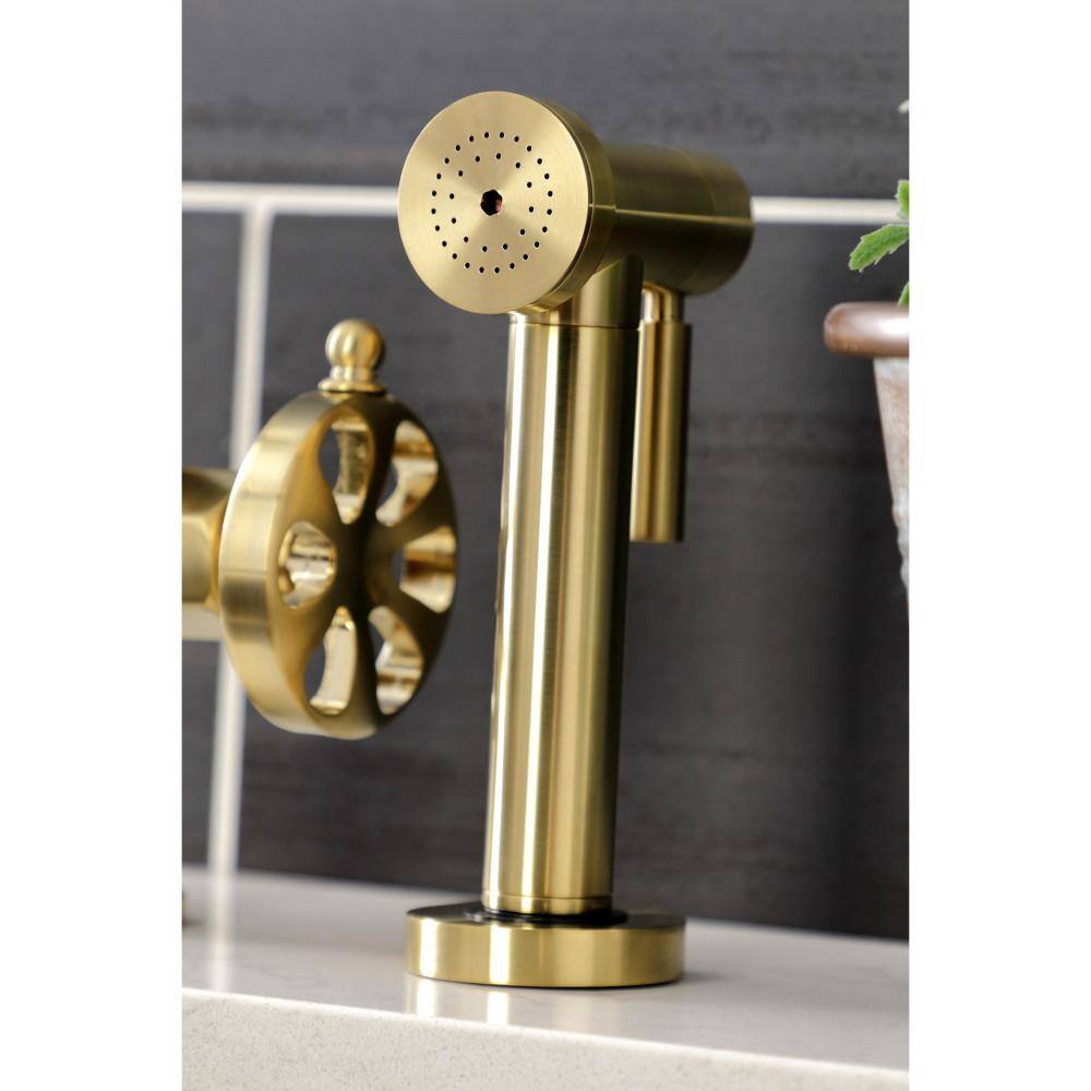 Brushed Brass Industrial Bridge Kitchen Faucet with Side Sprayer
