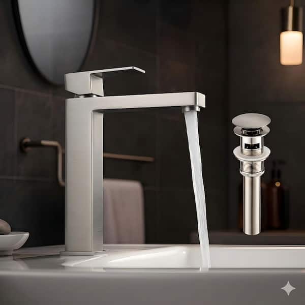 Vessel Faucet Single Handle Single Hole Bathroom Faucet Splash-Free with Pop-Up Drain Set in Brushed Nickel