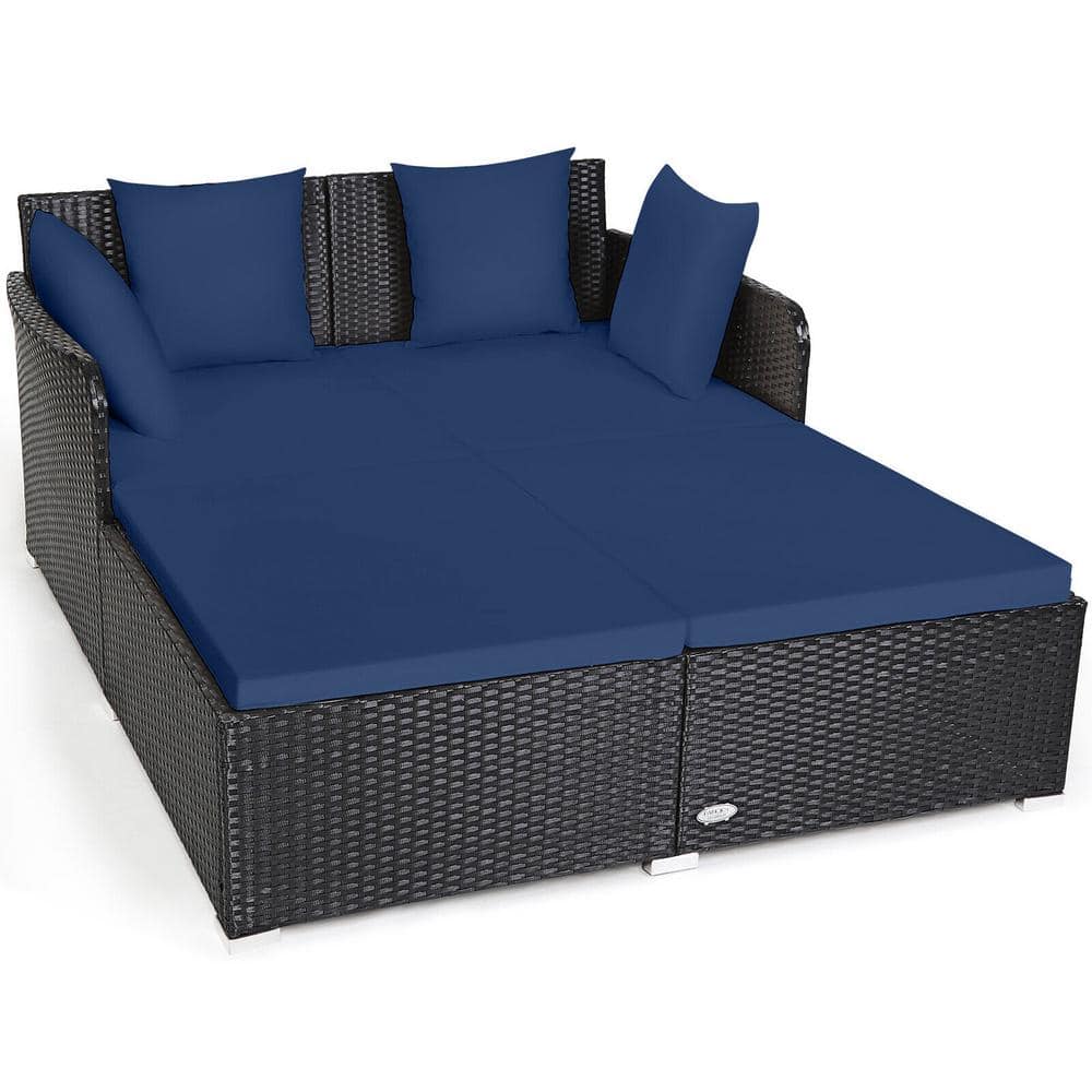 Black PE Rattan Wicker Outdoor Day Bed with Navy Cushions and 4 Pillows