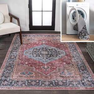Alacati Ogee Medallion Machine-Washable Red/Blue/Brown 3 ft. x 5 ft. Area Rug