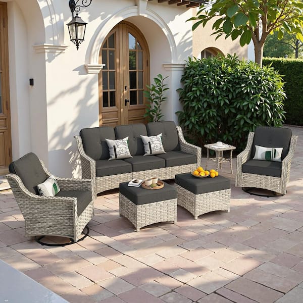 Palffy Gray 6-Piece Wicker Outdoor Patio Conversation Set with Black Cushions and Swivel Rocking Chairs
