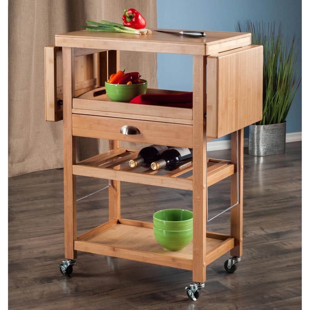 Natural Bamboo Drop Leaf Kitchen Cart with Wine Rack
