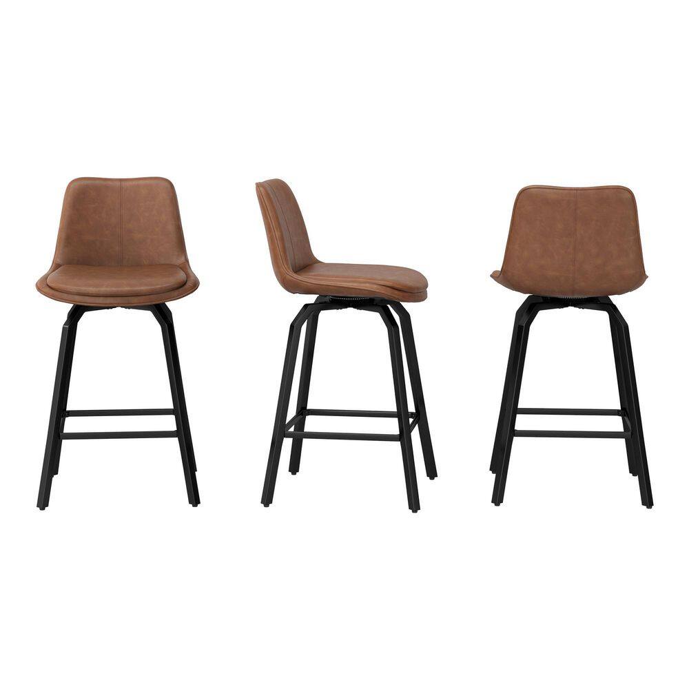 Front, side, and back views of three brown faux leather swivel bar stools.