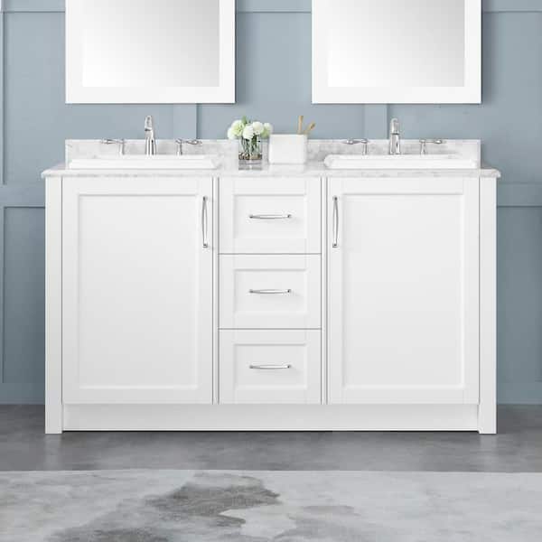 OVE Decors Blanche 60 in. W x 22 in. D x 34 in. H Double Sink Bath Vanity in White with Carrara Marble Top