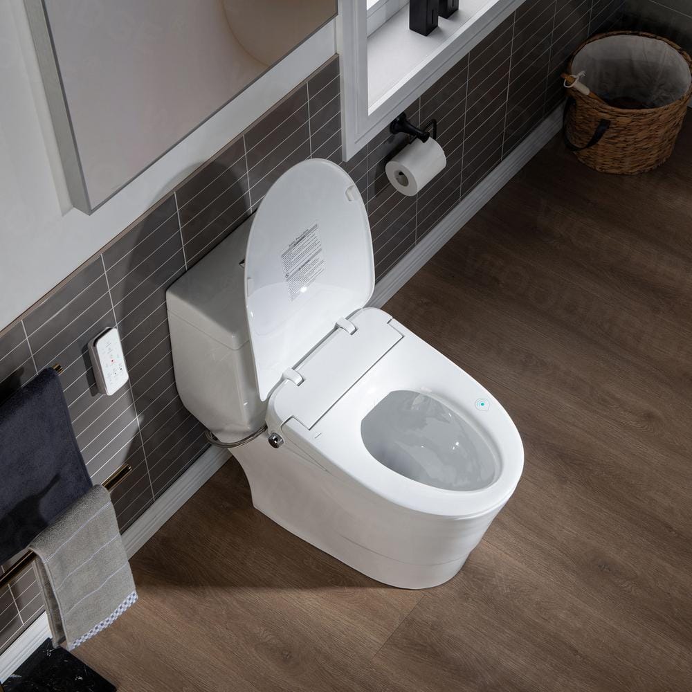 White Porcelain One-Piece Elongated Dual Flush Toilet with Smart Bidet Seat