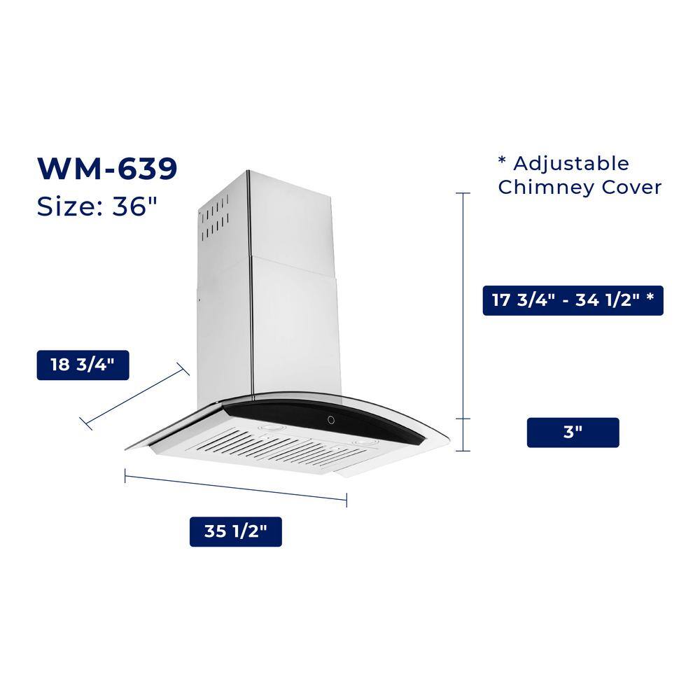 36" Stainless Steel Convertible Wall Mount Range Hood with Charcoal Filter