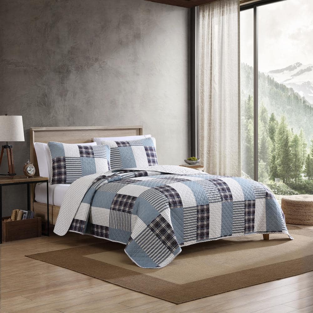 Camano Island Twin Quilt Set in Blue and White Cotton Patchwork