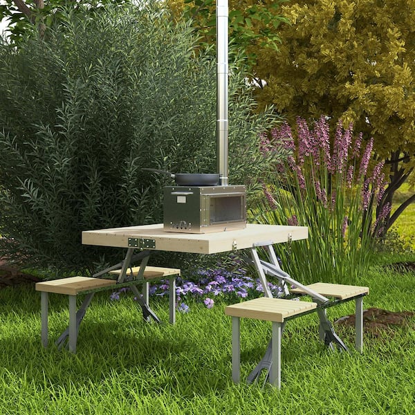 Zeus & Ruta Nature Wood Folding Rectangle Aluminum Picnic Table