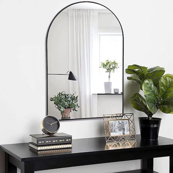 Black 20 in. W x 30 in. H Arched Metal Framed Modern Wall Vanity mirror