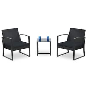 3-Piece Wicker Patio Conversation Set Coffee Table and 2 Rattan Chair with Black Cushions