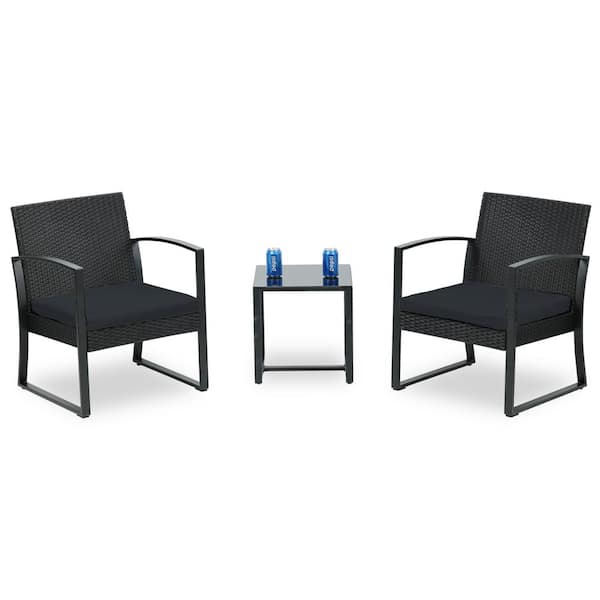 Aoodor 3-Piece Wicker Patio Conversation Set Coffee Table and 2 Rattan Chair with Black Cushions