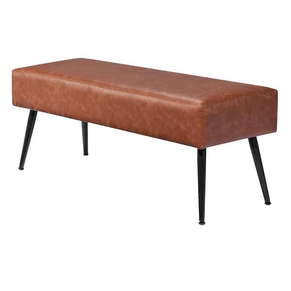 Leather Bedroom Bench, PU Leather Bench with Metal Legs and with Stitching for Entryway, Upholstered Shoe Bench Seat