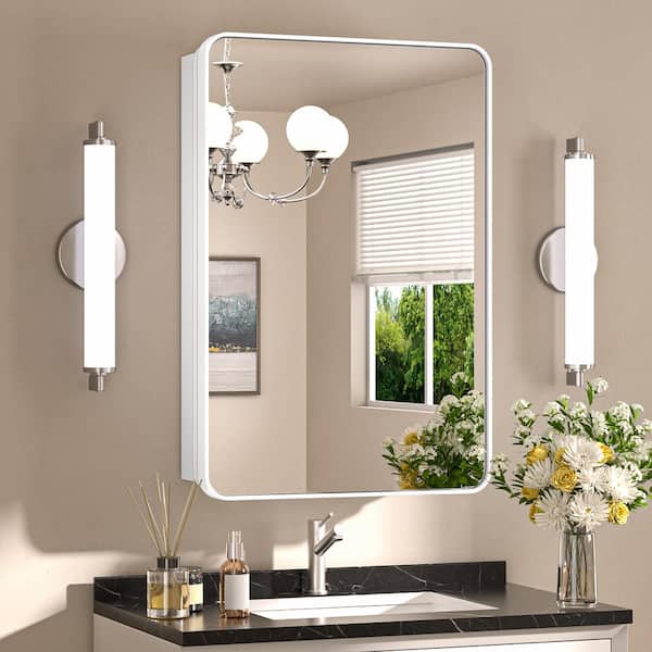 KeonJinn 20 in. W x 32 in. H Rectangular White Stainless Steels Framed Recessed/Surface Mount Medicine Cabinet with Mirror