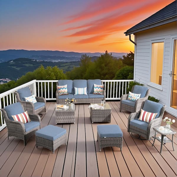 New Kenard Gray 10-Piece Wicker Patio Conversation Set with Denim Blue Cushions and Swivel Rocking Chairs