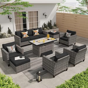 Milan Gray 8-Piece Wicker Outdoor Patio Rectangular Fire Pit Seating Sofa Set and with Black Cushions
