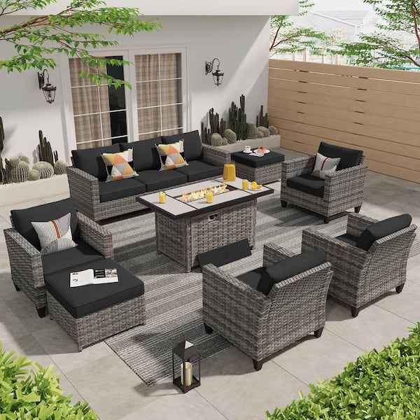 XIZZI Milan Gray 8-Piece Wicker Outdoor Patio Rectangular Fire Pit Seating Sofa Set and with Black Cushions