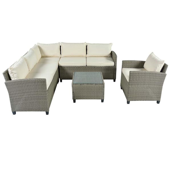 Tunearary 5-Piece Gray Wicker Outdoor Conversation Sectional Furniture Set with Coffee Table and Beige Cushions