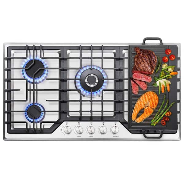 Galway 36 in. Gas Cooktop in Stainless Steel with 5 Burners including Power Burners and Cast Iron Griddle