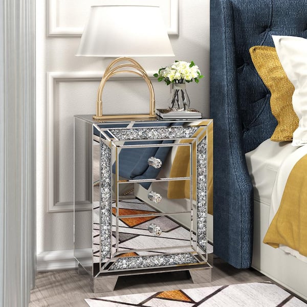 KOHROS 18.9 in. Silver Rectangle Glass End Table with 3-Drawers