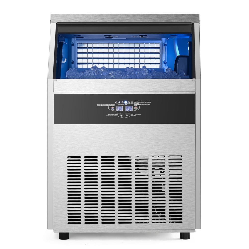160lbs./24H Commercial Ice Makers 66lbs. Storage 23 in.W & Drain Pump Freestanding 80 Full Size Cubes in 15 Mins Silver