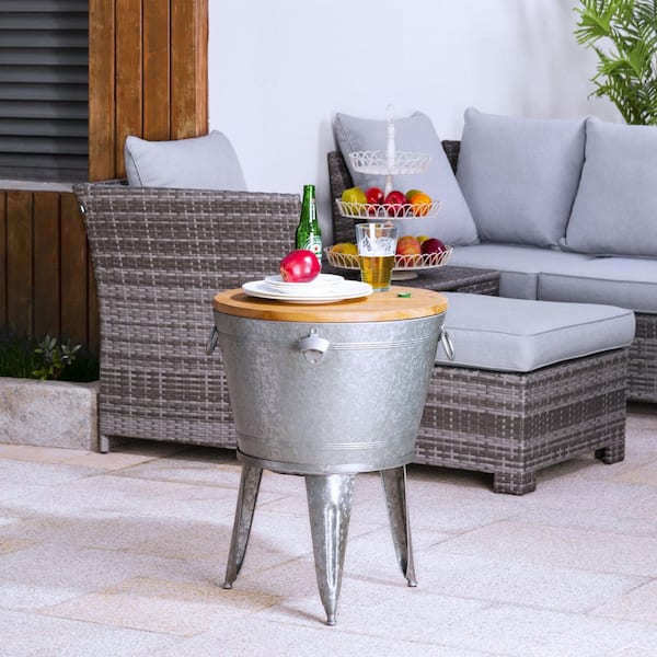 Glitzhome  in. H Gray Galvanized Beverage Tub with Metal Stand or  Accent Table with Firwood Lid 2003800001 - The Home Depot