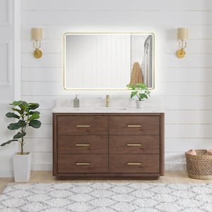 Porto 55 in. W x 22 in. D x 33.8 in. H Single Sink Bath Vanity in Dark Brown with White Quartz Stone Top