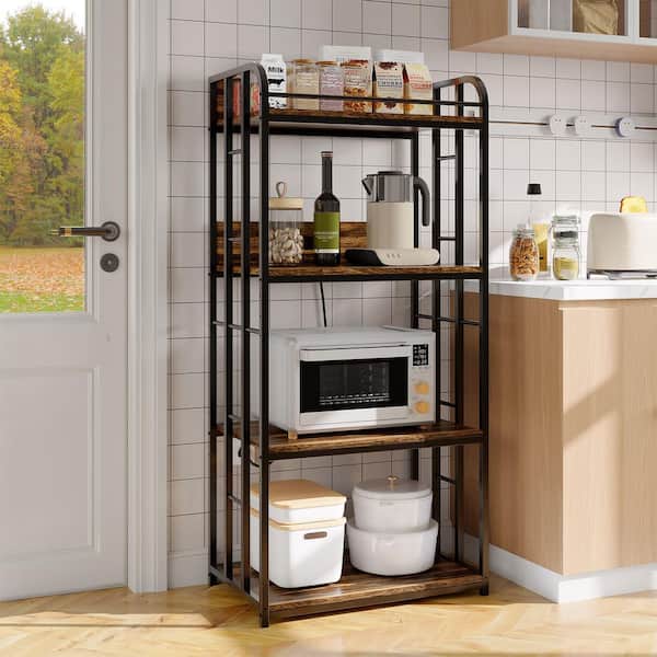 25.2 in. x 56 in. 4-Tier Black Metal Brown Wood Bakers Rack with Adjustable Shelf, Microwave Stand for Kitchen, Garage