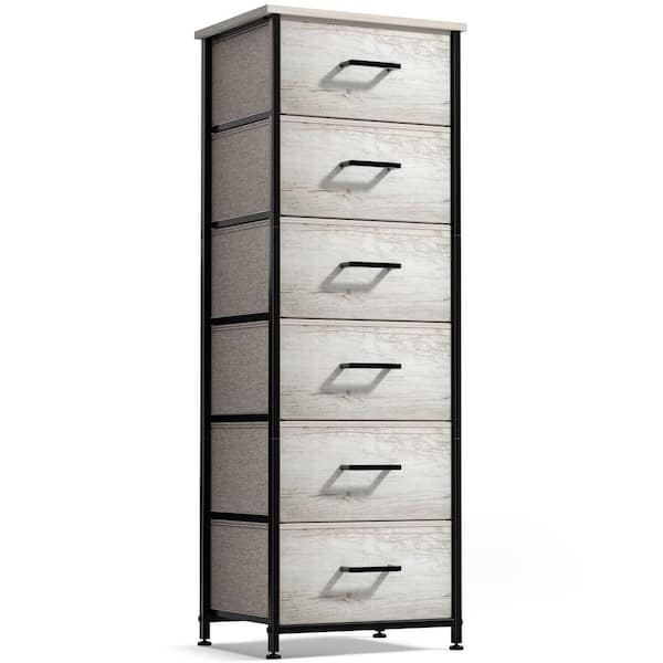 Greige 6 Drawer 15.75 in Wide Chest of Drawers, Tall Dresser with Steel Frame, Wood Top and Foldable Fabric Bins