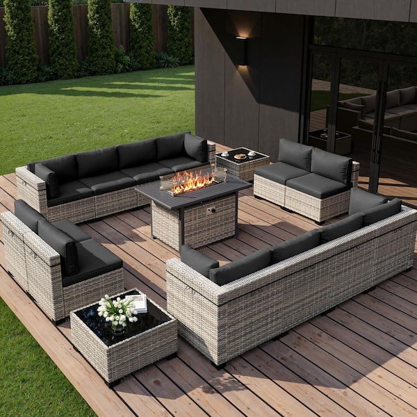 15-Piece Wicker Patio Conversation Set with 55,000-BTU Fire Pit Table and Glass Top Table with Dark Gray Cushions