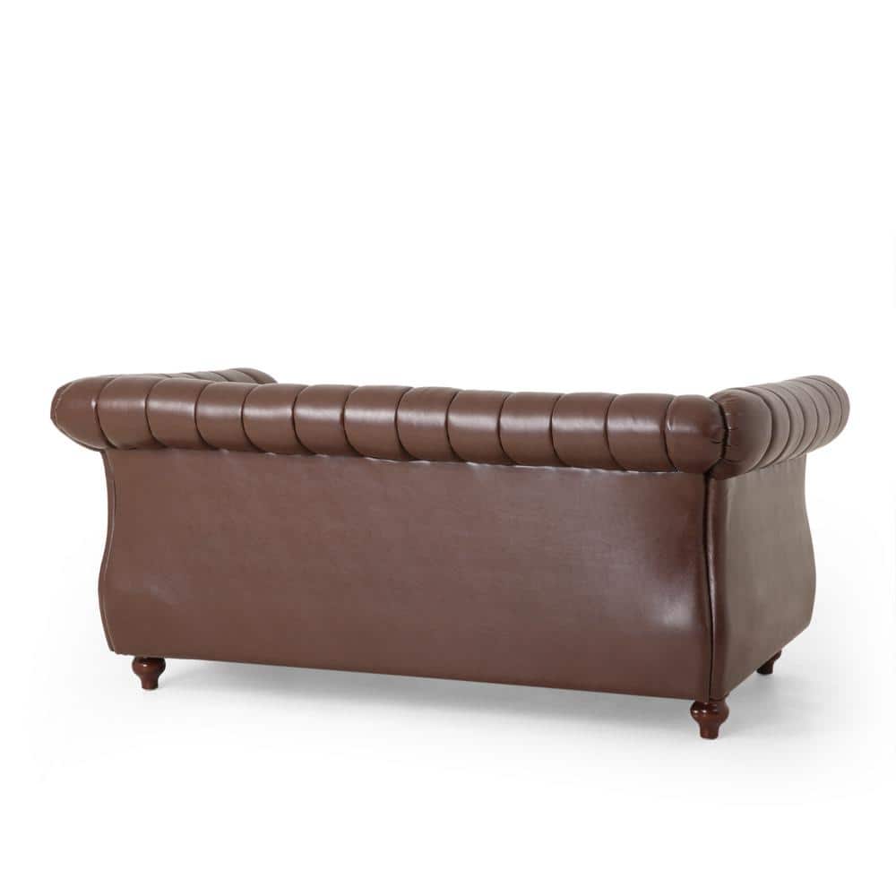 Elegant Dark Brown Faux Leather Loveseat with Espresso Wood Accents