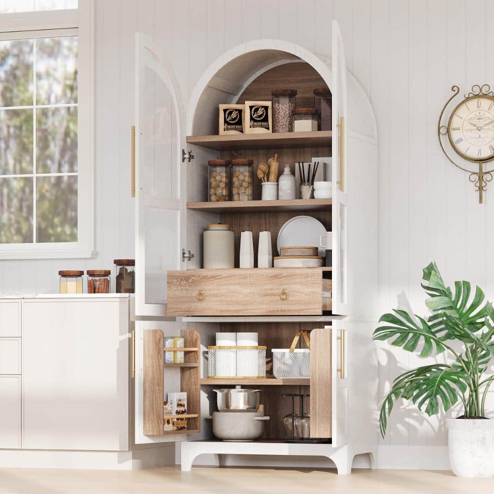 White MDF 29.9 in. W x 71.2 in. H Arched Kitchen Food Pantry Cabinet with Door Shelves, Hidden Drawer and Glass Door price history on PriceWatchPro