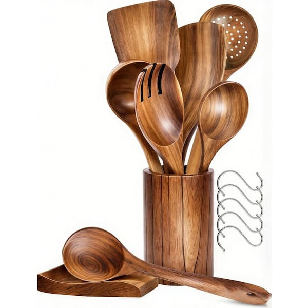 Teak Wood Utensil Set with Spatula, Turner, Ladle, Spoons, Skimmer, Holder and 6 Hooks for Cooking and Kitchen (8-Pack)