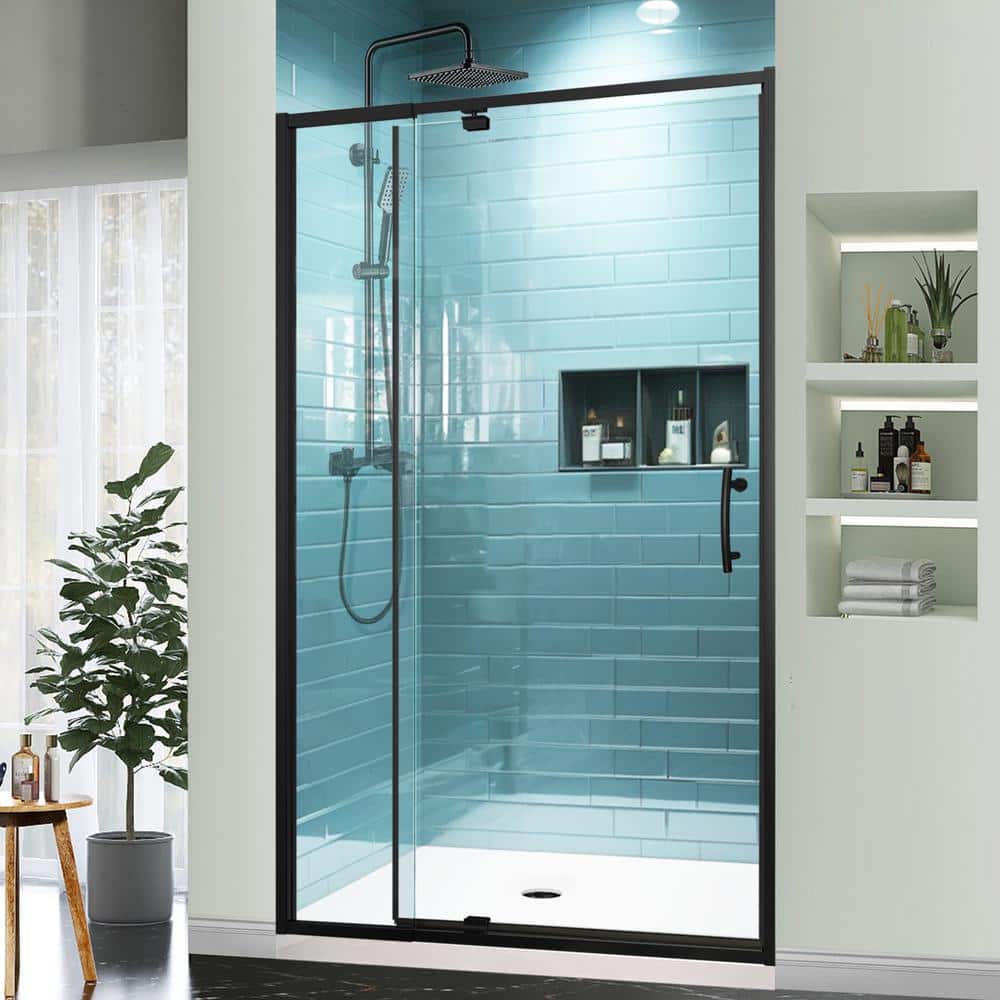 42 in. Matte Black Semi-Frameless Pivot Shower Door with Clear Glass