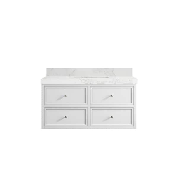 Willow Collections Roswell Floating 42 in. Single Sink Freestanding White Bath Vanity with Calacatta Nuvo Qt. Top Unassembled