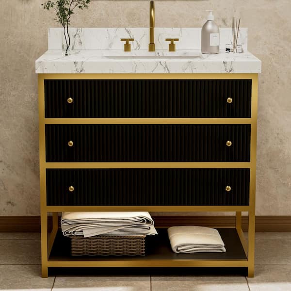 Solidoak 36 in. W x 22 in. D x 35.4 in. H Single Sink Bath Vanity in Black with White Engineered Marble Top