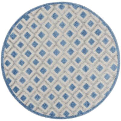 Aloha Blue/Grey 4 ft. x 4 ft. Geometric Contemporary Indoor/Outdoor Round Area Rug