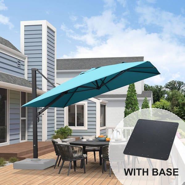 PURPLE LEAF 11 ft. Square Aluminum Large Outdoor Cantilever 360-DegreeRotation Patio Umbrella with Base Plate, Turquoise Blue