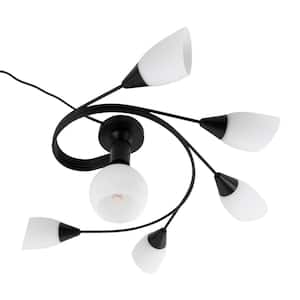 6 Light Black Modern Ceiling Light Chandelier for Living Room Bedroom with White Glass Shade, No Bulbs Included