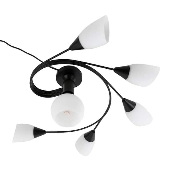 OUKANING 6 Light Black Modern Ceiling Light Chandelier for Living Room Bedroom with White Glass Shade, No Bulbs Included