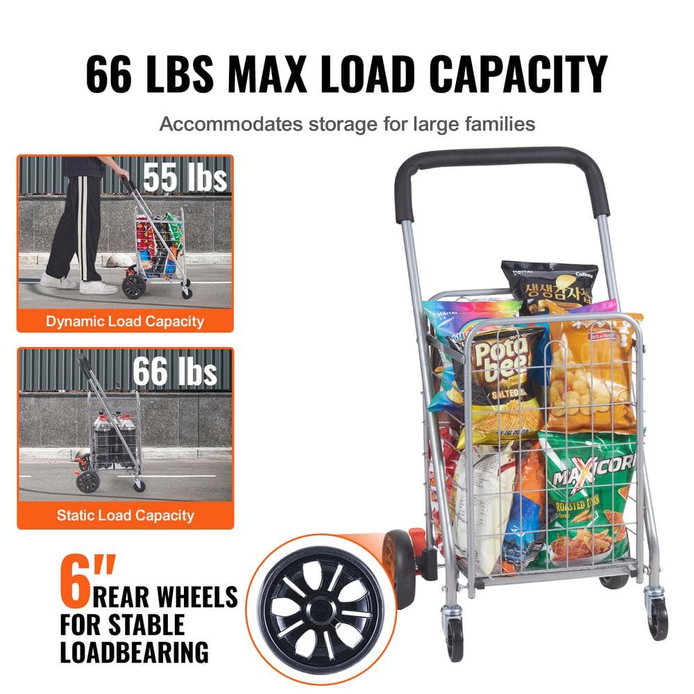 Silver Foldable Utility Shopping Cart with Swivel Wheels