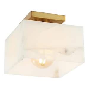 Chiara 8 in. 1-Light Modern Contemporary Alabaster/Iron Square LED Semi Flush Mount, White Marbling/Brass Gold