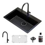 QT-812 qt. 33 in. Single Bowl Drop-In Kitchen Sink in Black with Faucet in Matte Black