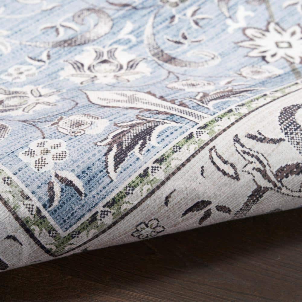 Vintage Blue Floral Flatweave Runner Rug with Non-Skid Backing