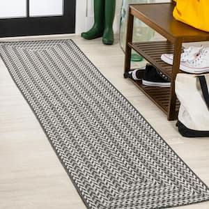 Chevron Light Gray/Black 2 ft. x 8 ft. Modern Concentric Square Indoor/Outdoor Area Rug