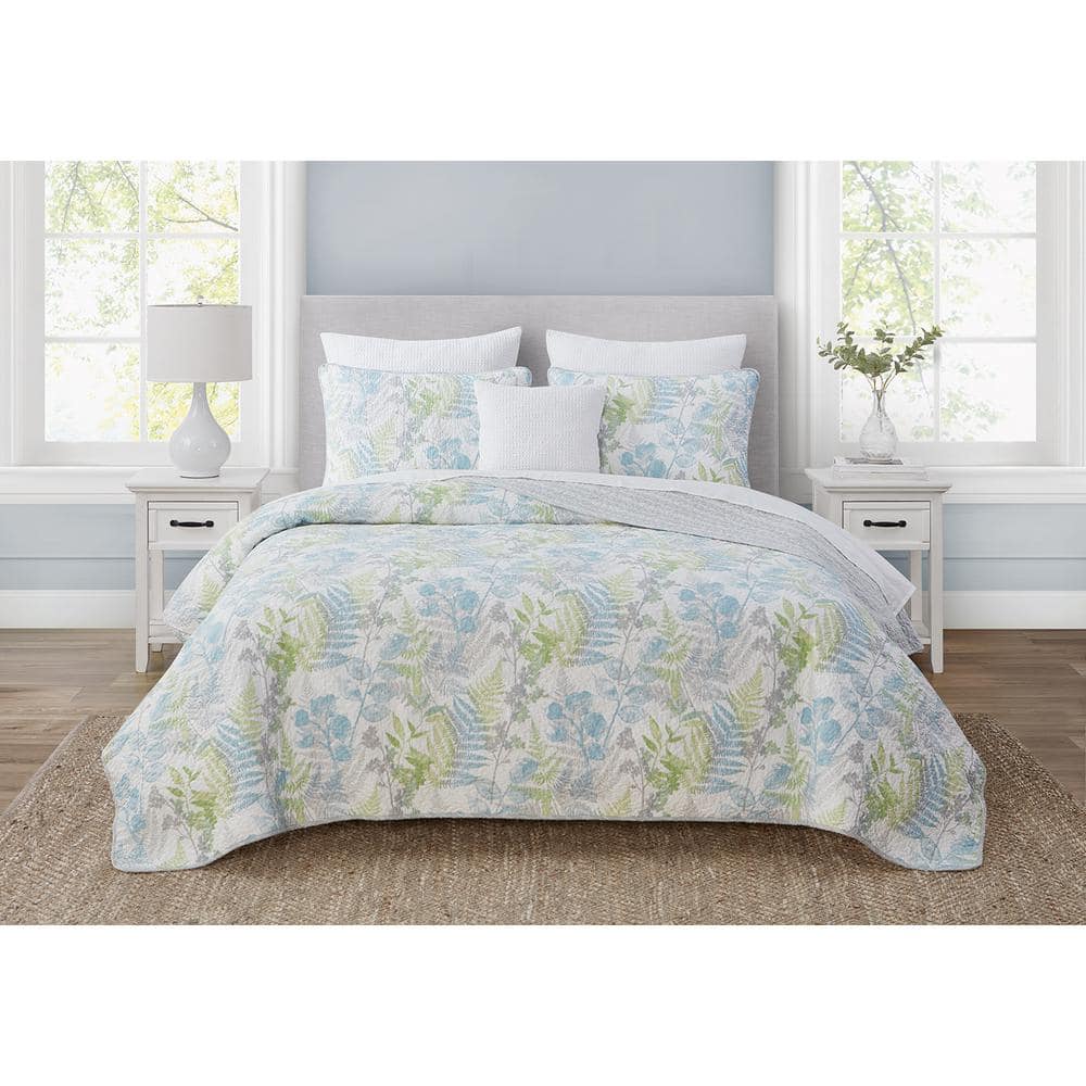 Althea Floral Spa Blue Soft Cotton 3 Piece Quilt Set - King