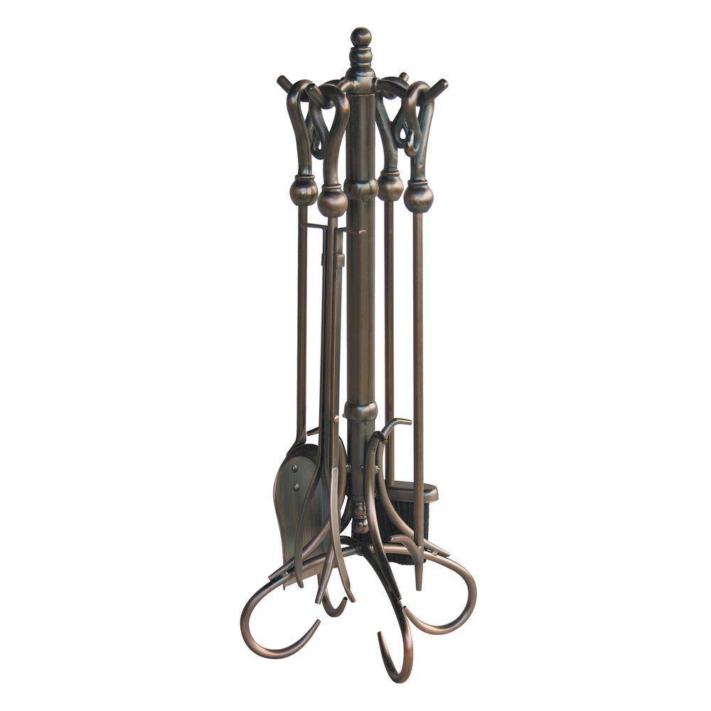 Uniflame Venetian Bronze 5 Piece Fireplace Tool Set With Crook Handles And Heavy Duty Steel Construction F 1657 The Home Depot