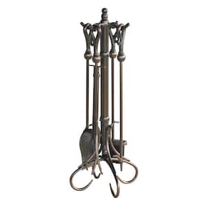 Venetian Bronze 5-Piece Fireplace Tool Set with Crook Handles and Heavy Duty Steel Construction