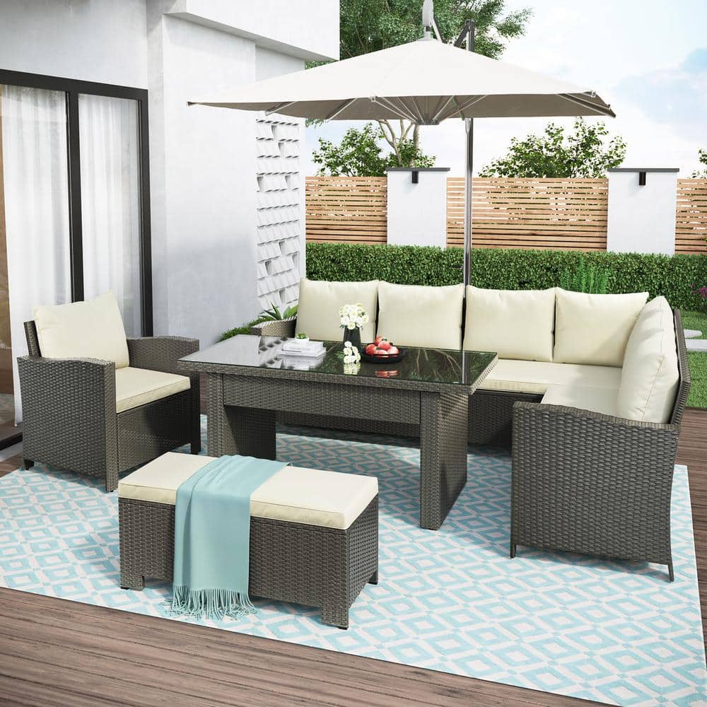 6-Piece Wicker Patio Conversation Set Dining Table Chair with Bench and Bei