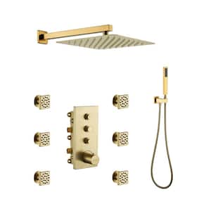 Thermostatic 12 in. 1-Spray Dual Wall Mount Fixed and Handheld Shower Head 1.8 GPM with 6 Body Jets in Brushed Gold