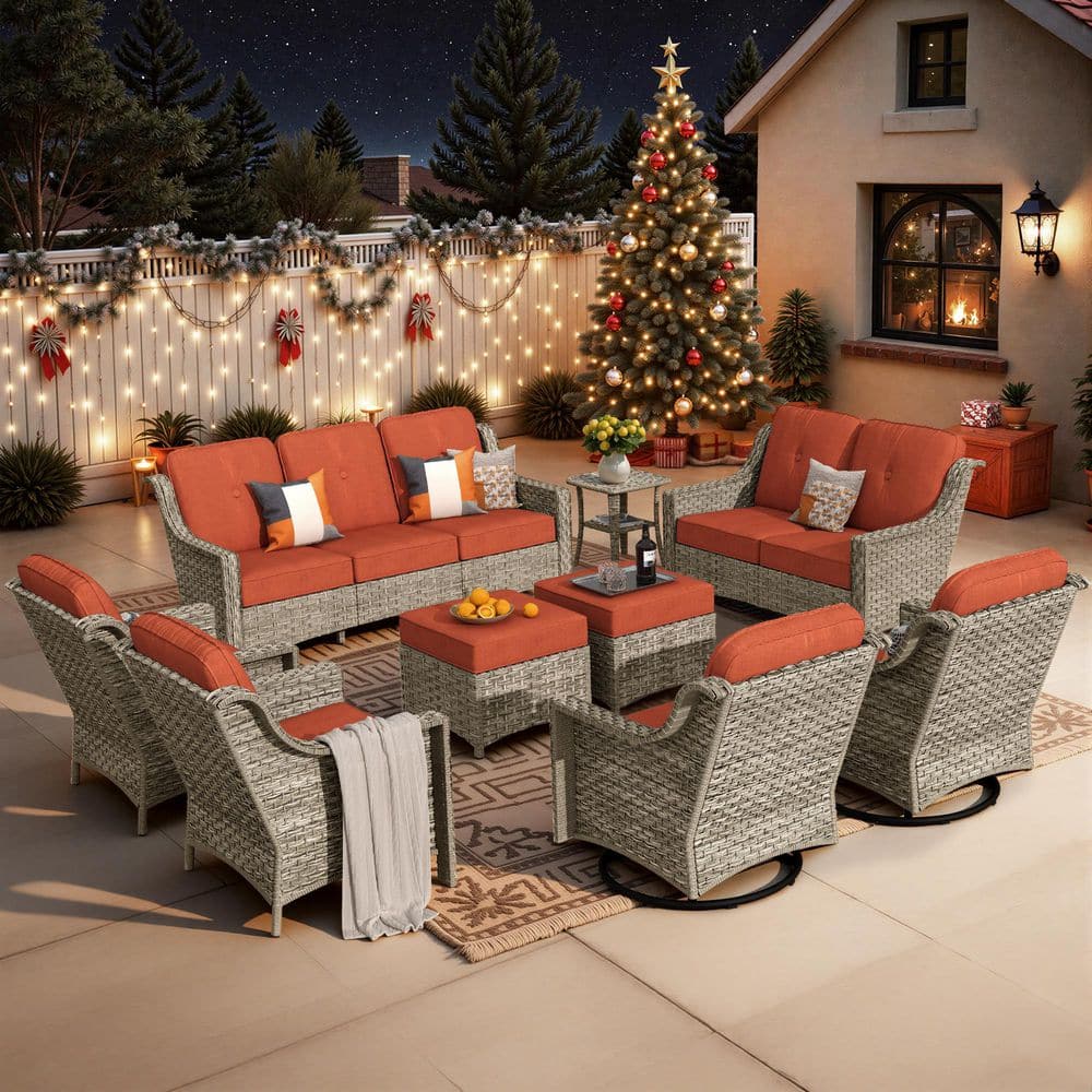 Eureka Gray 9-Piece Wicker Modern Outdoor Patio Conversation Sofa Seating Set with Swivel Chairs and Red Cushions price history on PriceWatchPro